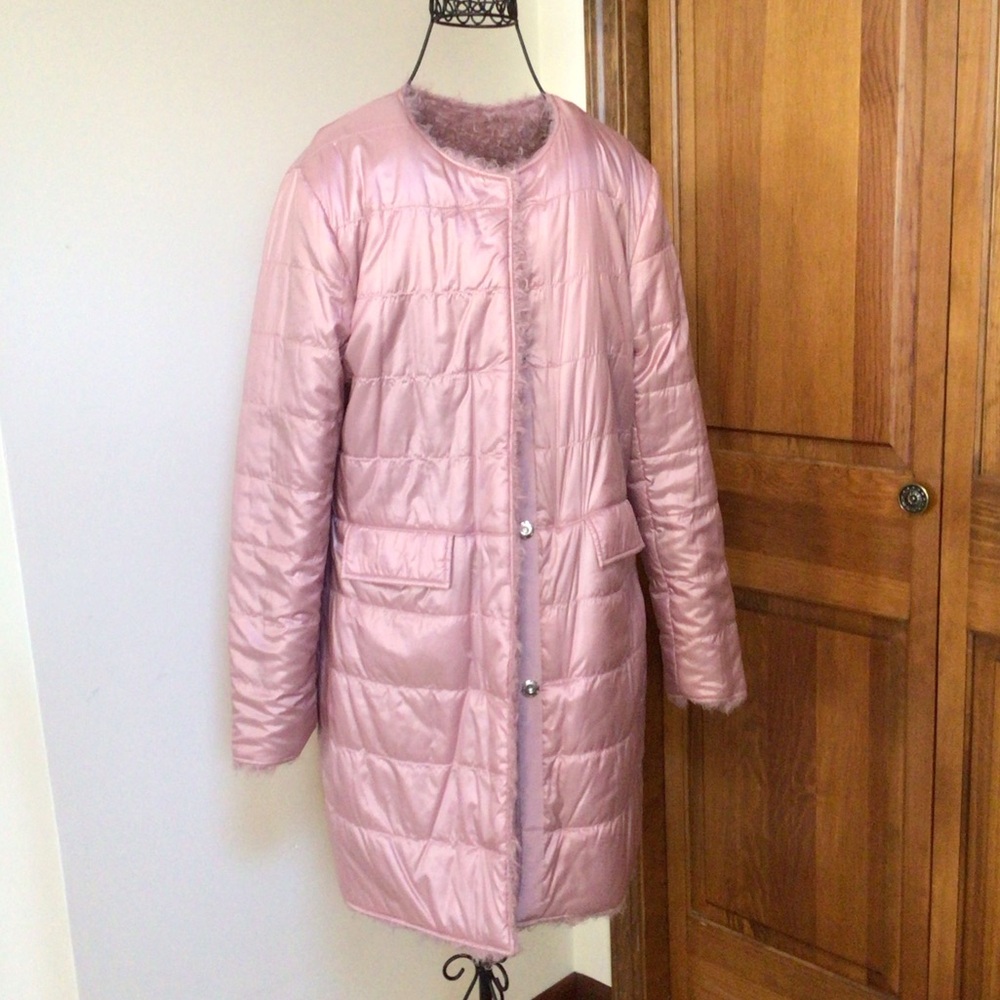Via Spiga Reversible Curly Fun Fur Car Coat, Small, Dusky pink - Picture 10 of 10